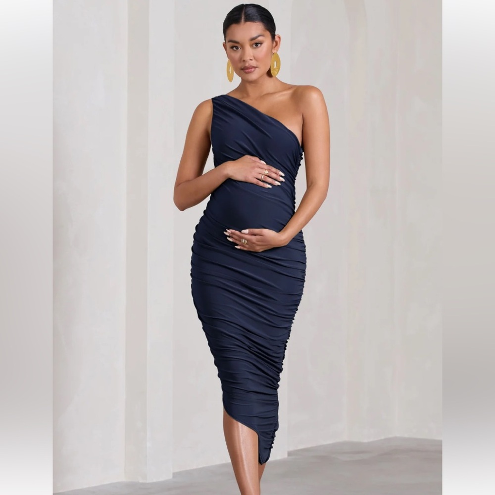 Club L London Late Night Navy Maternity Ruched One Shoulder Midi Dress